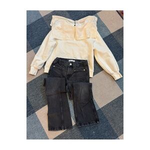 Zara Cream Eyelet Collar Sweatshirt & Black Denim size 11-13